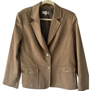 Kasper khaki short blazer. Animal print lining womens sz 16 cotton spandex